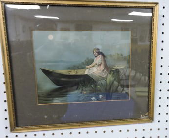 Framed print of lady in boat on pond,