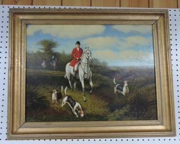 Oil on canvas of fox hunt, signed