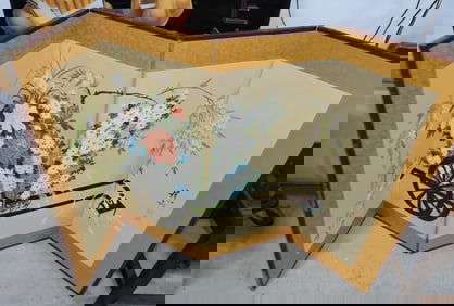 Folding 4 panel screen with wheelbarrow