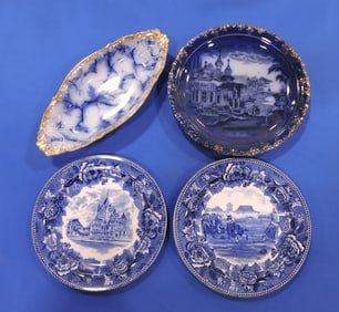 Lot of 4 blue/white plates, celery tray