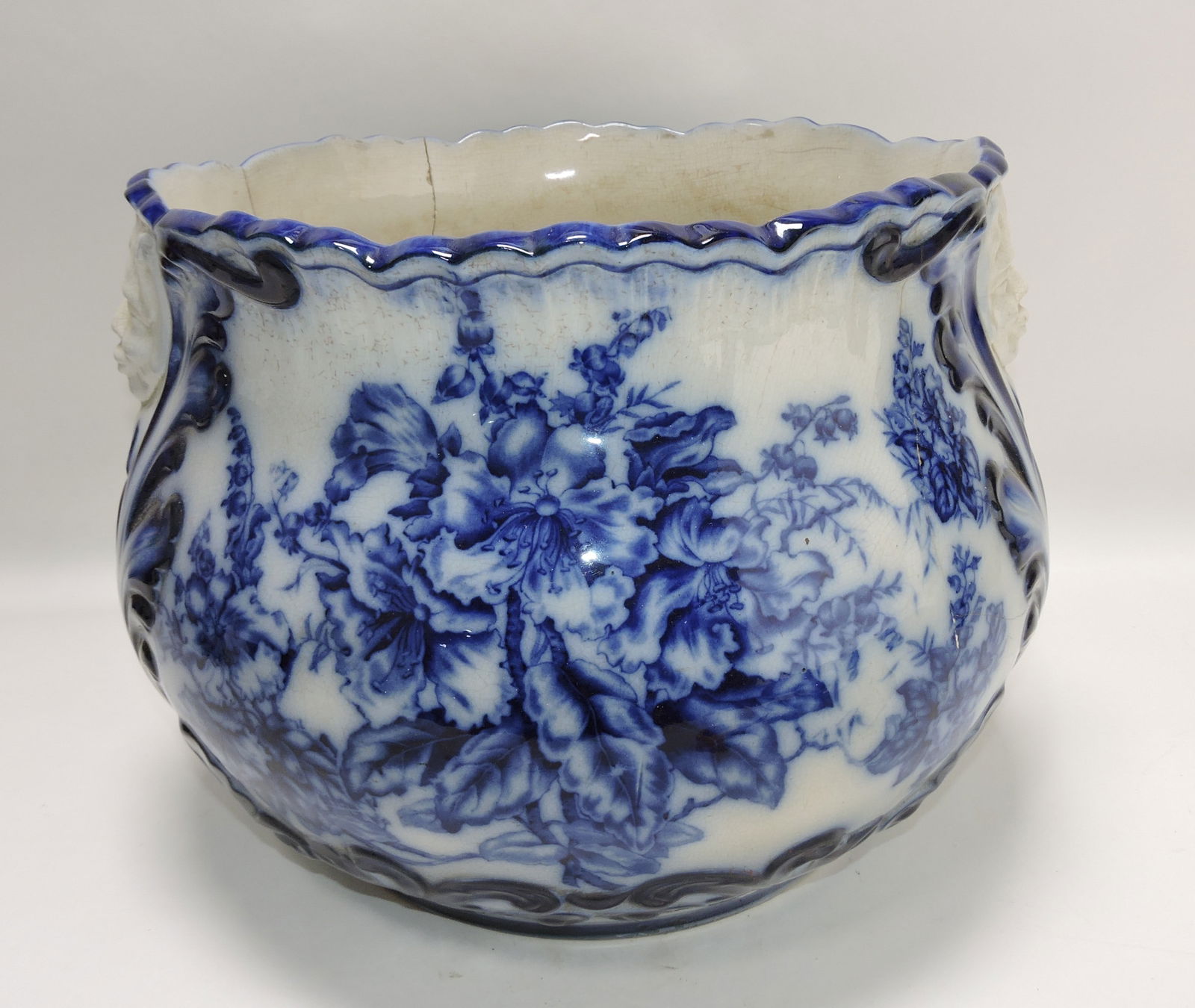 Wheeling Pottery Co blue/white large: jardiniere with mask handles, cracks, 12"h, 16"w