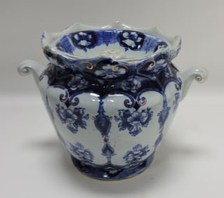 Blue/white slop jar with lid, 10"h