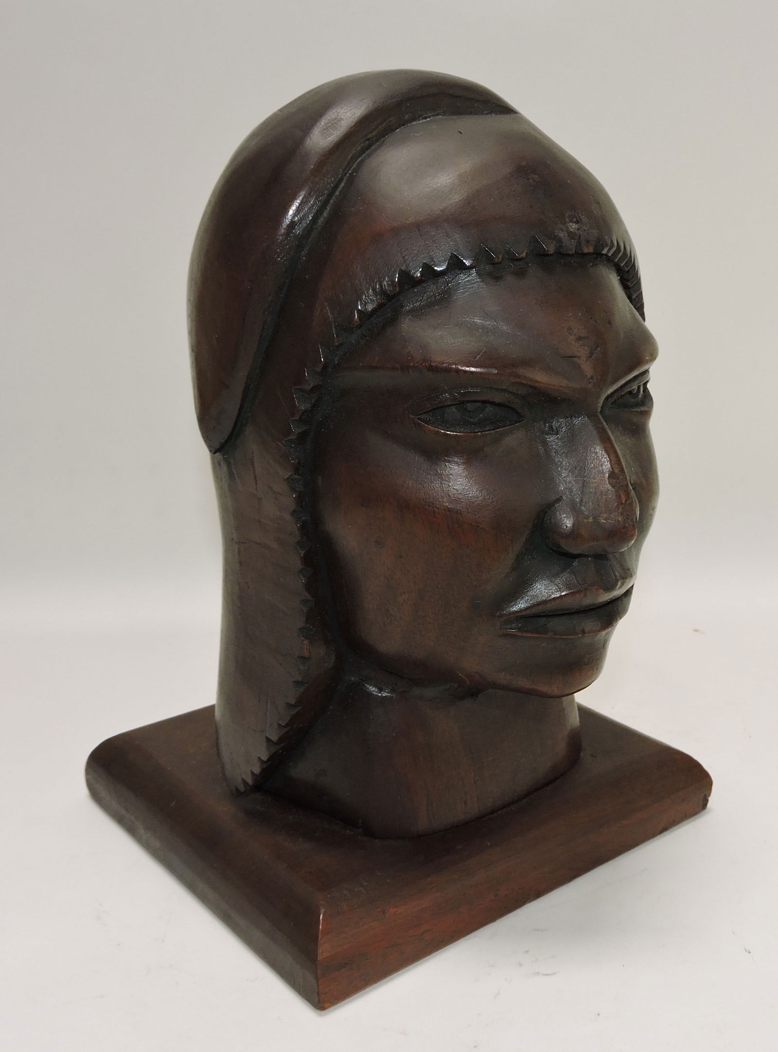 Wood carving of bust of lady, 11",: signed J. Luna