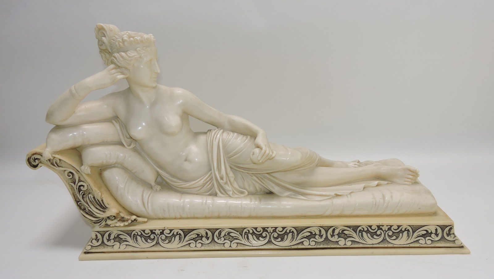 Semi-nude resin figure of recumbent lady,: 13"h, 24"l
