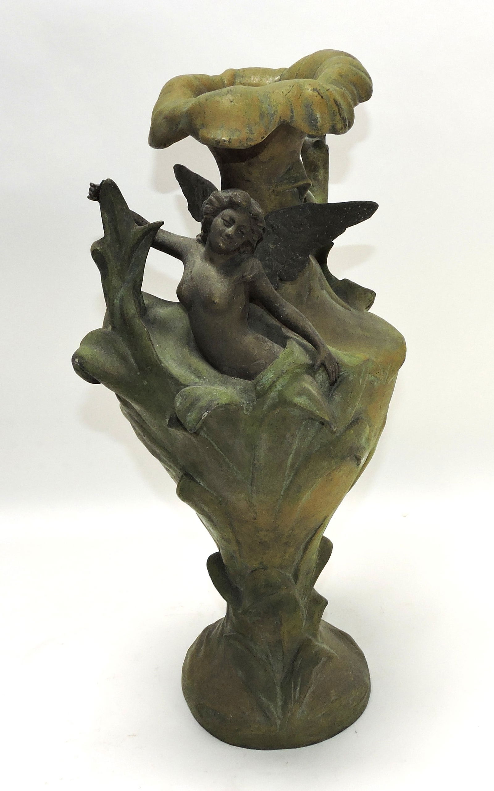Spelter Art Nouveau vase with winged lady,: some losses, 18"