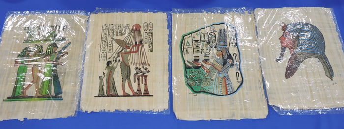 Lot of 4 Egyptian pictures on parchment