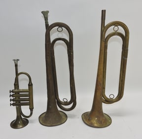 Lot of 3 brass bugle/trumpets,