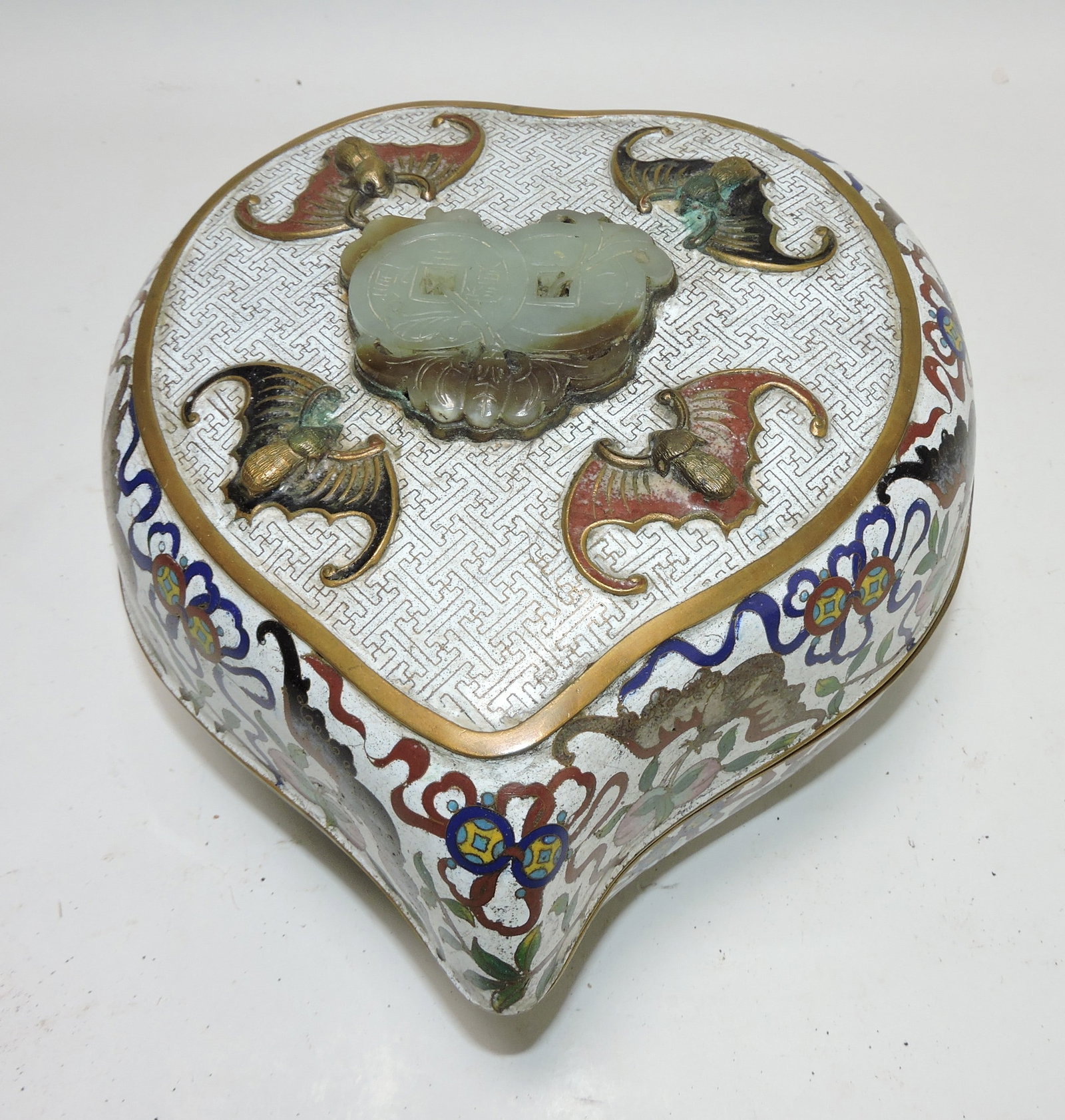 Large Cloisonne covered box with soapstone, (1 of 3)