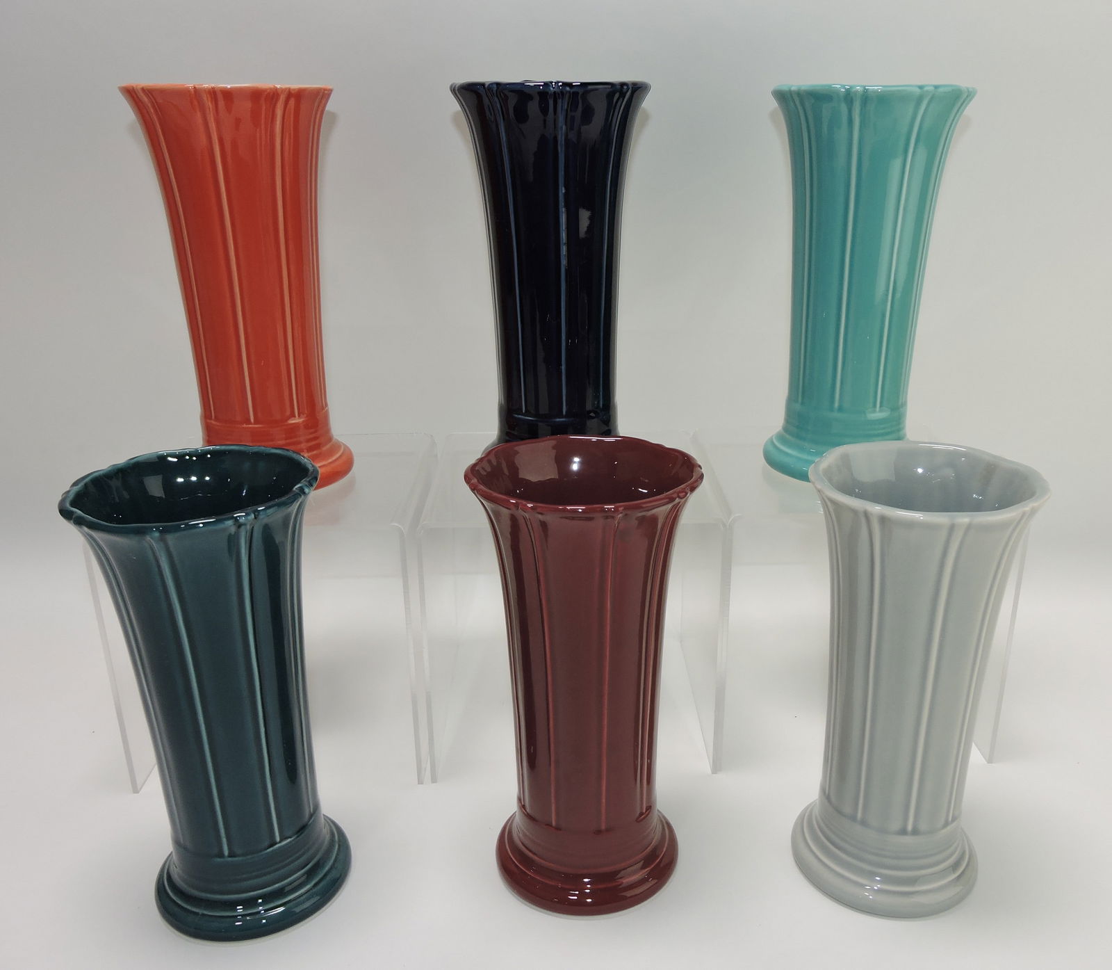 Fiesta Post 86 8" flower vase group:: persimmon, cobalt, turquoise, juniper, cinnabar, gray