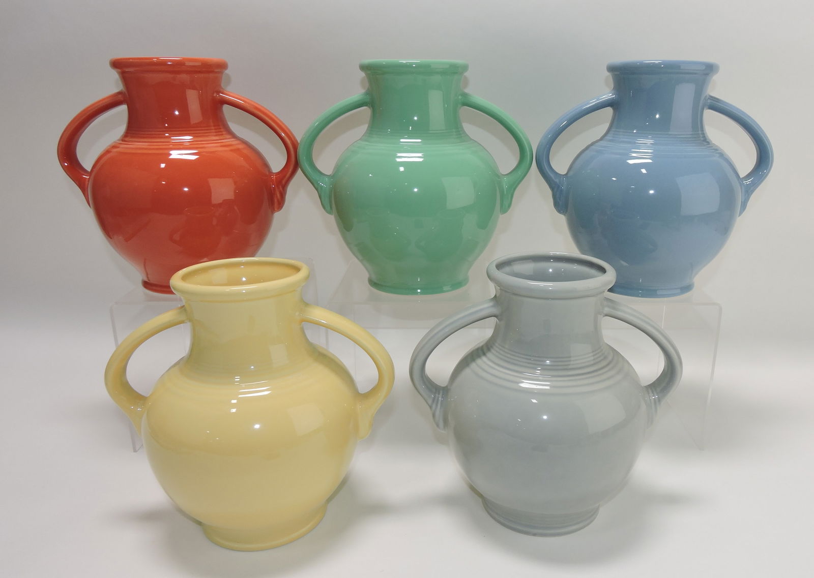 Fiesta Post 86 Millennium vase group:: persimmon, seamist, periwinkle, yellow, gray