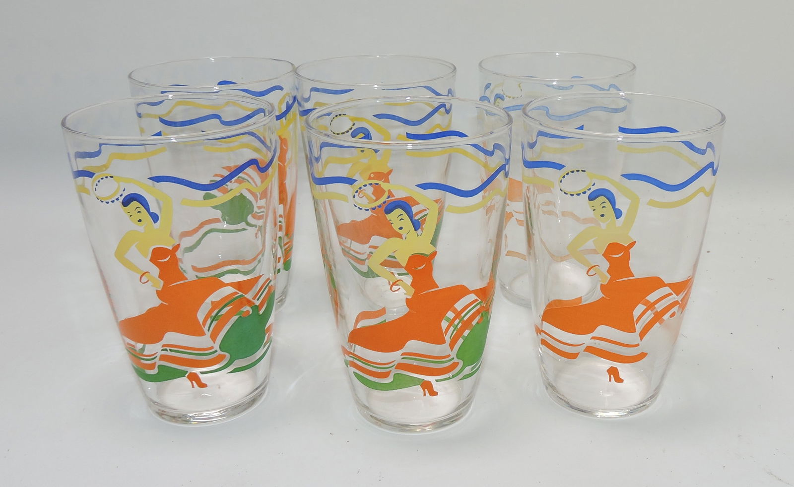Fiesta Post 86 glass go along set of: 6 - 4 3/4" Dancing Girl tumblers