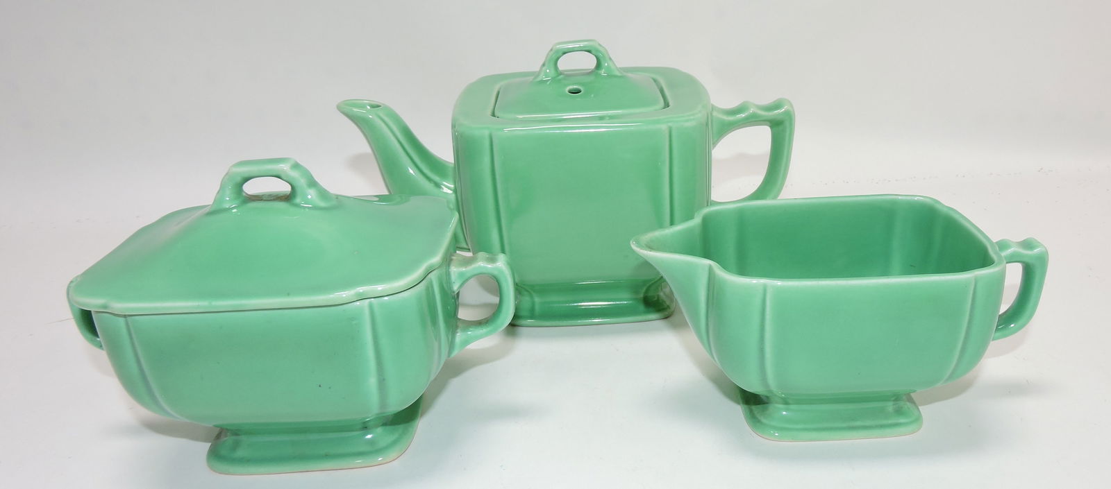 Riviera 3 pc tea set, green, chip to: corner of teapot lid