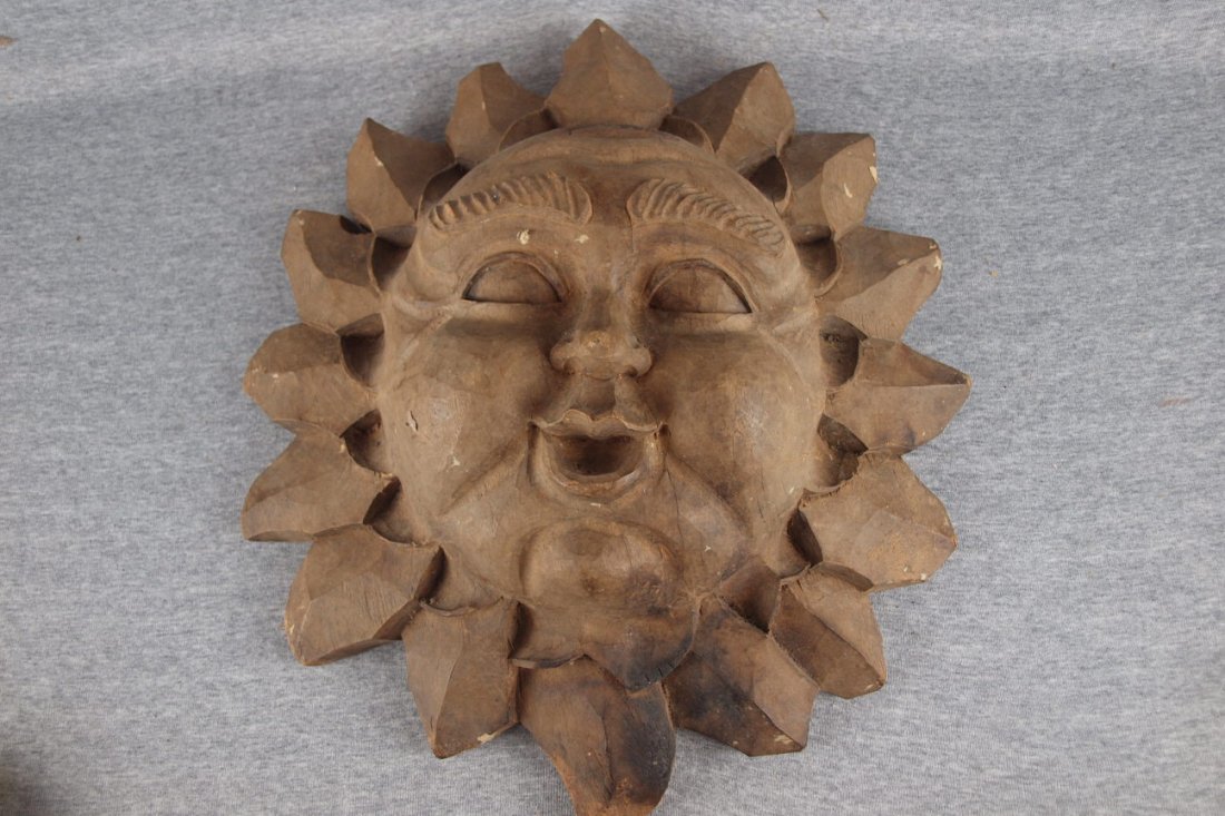 Wooden paper mache' mold in the form of the sun's fa: Wooden paper mache' mold in the form of the sun's face, 18" x 16"
