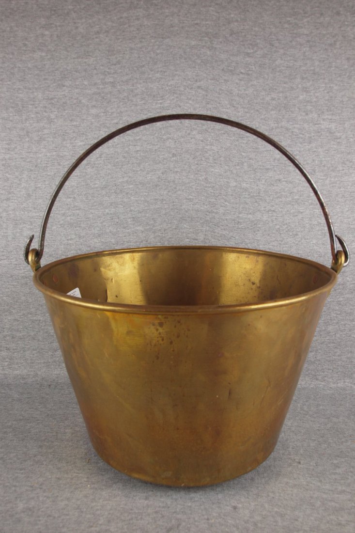 Brass bucket with hand forged iron bail handle, sign: Brass bucket with hand forged iron bail handle, signed H.W. Hay, 1851, 15"d