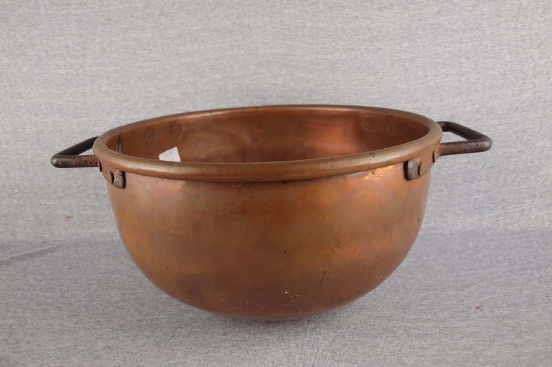 Early copper candy kettle with hand forged iron hand: Early copper candy kettle with hand forged iron handles, 16"d