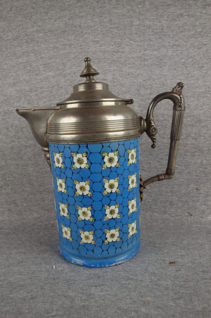Pewter and porcelain enamel blue coffee pot with flo: Pewter and porcelain enamel blue coffee pot with floral motif, 10 1/2"
