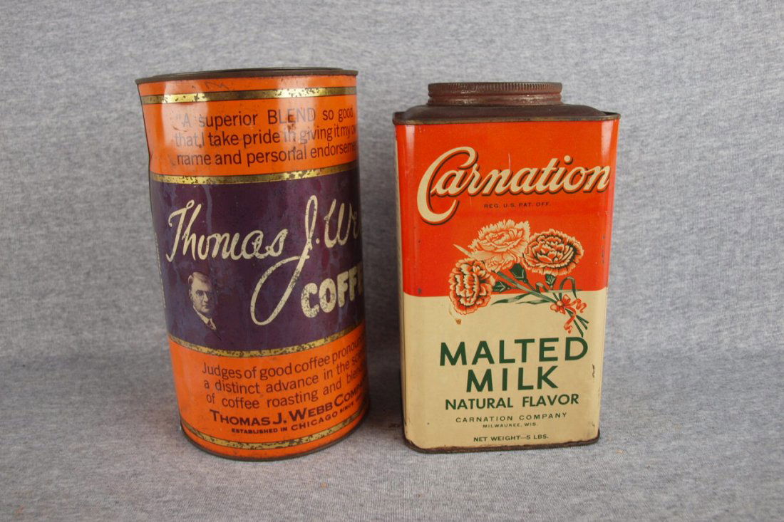 Lot of 2 advertising tins - Thomas J. Webb Coffee an: Lot of 2 advertising tins - Thomas J. Webb Coffee and Carnation Malted Milk, 9 1/2" and 9"