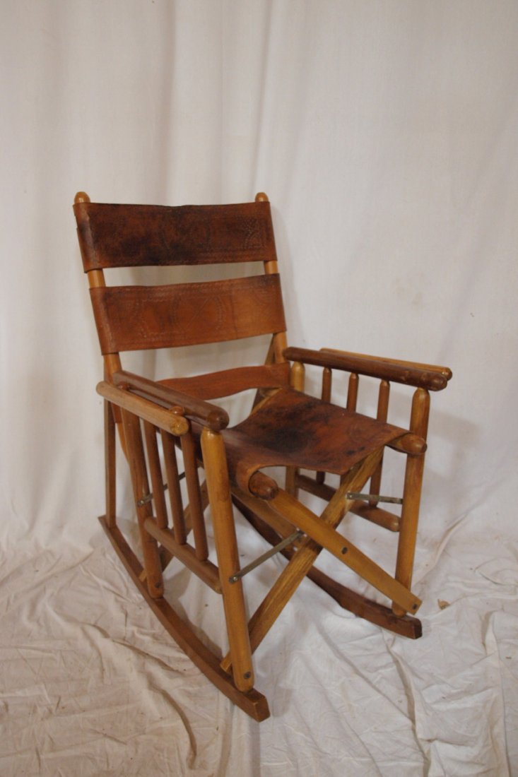 Pine folding cowboy rocker with leather back and seat: Pine folding cowboy rocker with leather back and seat