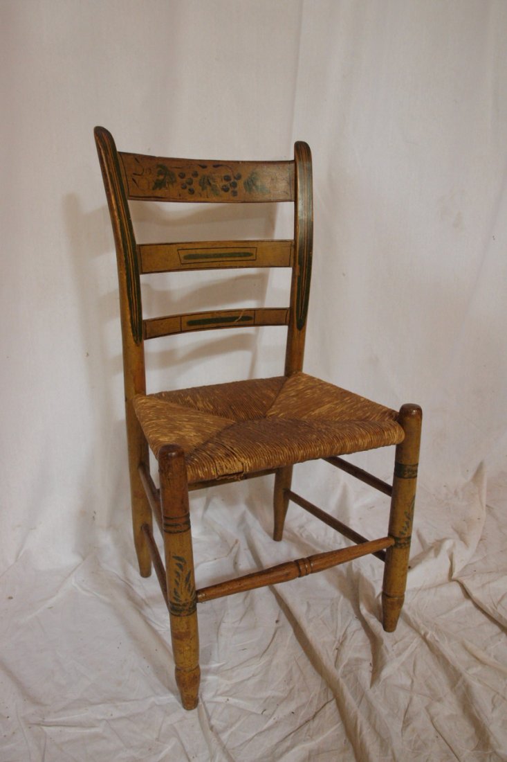 Early shaker style ladder back chair with rush seat : Early shaker style ladder back chair with rush seat and stencil