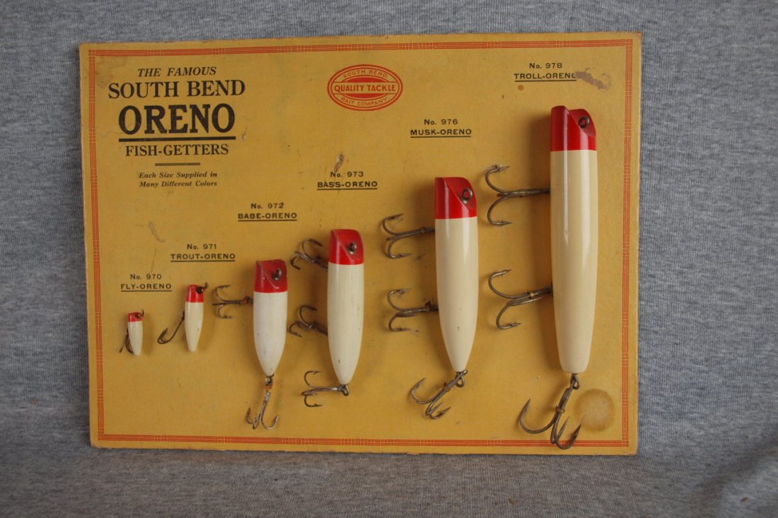 South Bend Oreno fishing lure store display complete: South Bend Oreno fishing lure store display complete with 6 graduated lures - Fly, Trount, Babe, Bass, Musk and Troll Orenos