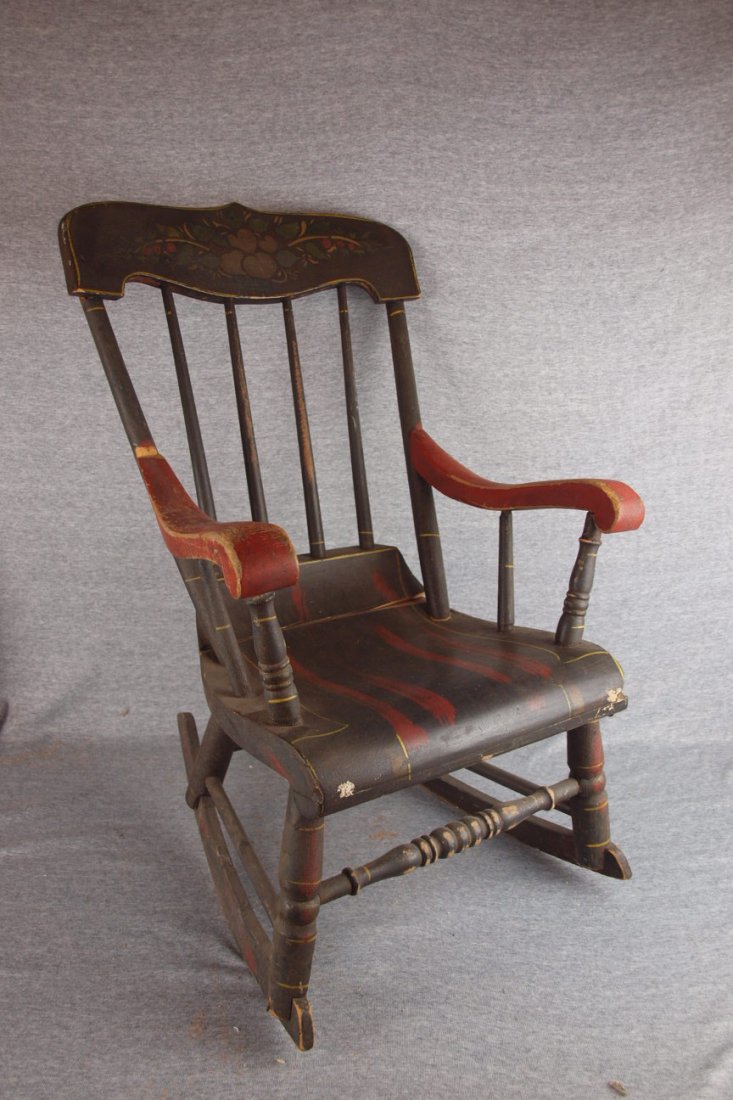 Early child's plank bottom rocker with original blac: Early child's plank bottom rocker with original black and red stencil, some losses
