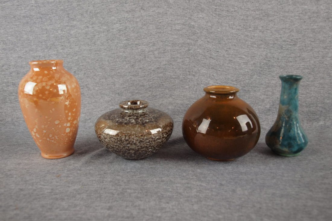 Lot of 4 art pottery vases - 2 Weller cloud burst va: Lot of 4 art pottery vases - 2 Weller cloud burst vases, 4" Vance Avon brown vase and Pewabic aqua & silver vase, 4 1/2"