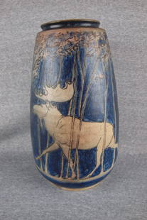 Rare Russell Crook Large Form Stoneware Vase With Fo: RARE Russell Crook large form stoneware vase with forest scene with family of moose, unsigned, 14", minor hairline to base, professional rim repair to top rim, Russell Crook was commissioned to design