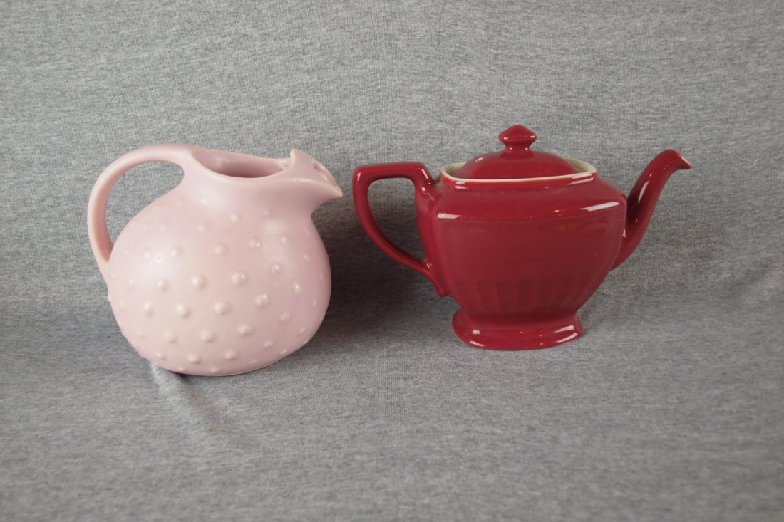 Pottery pink beaded ball jug and Hall teapot (hairlin: Pottery pink beaded ball jug and Hall teapot (hairline)
