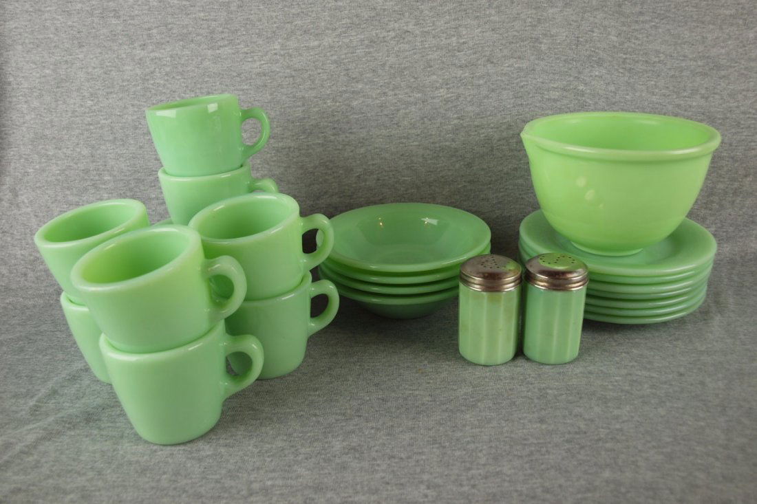 Fire King jadeite lot of restaurant dinner ware - 8 : Fire King jadeite lot of restaurant dinner ware - 8 cups, 7 saucers, 4 cereal bowls, 7-7" plates, mixing bowl with spout and salt & pepper