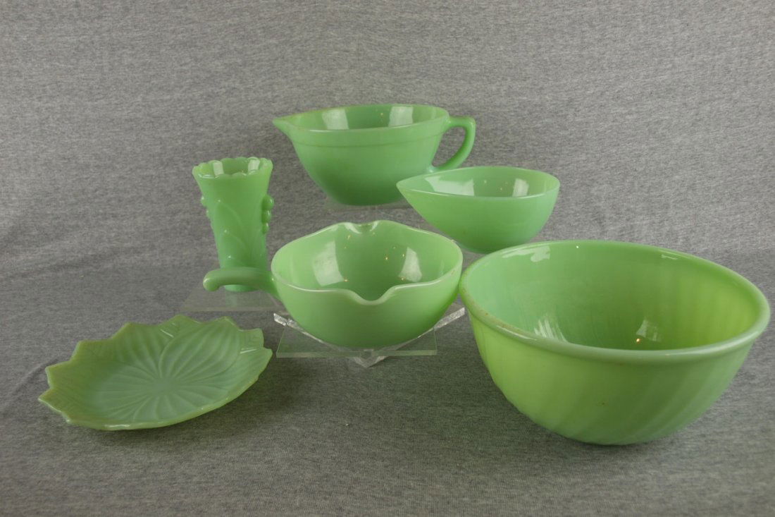 Fire King jadeite lot of 6 pieces - handled batter b: Fire King jadeite lot of 6 pieces - handled batter bowl, tear drop mixig bowl, handled bowl with spout, swirl mixing bowl, leaf plate and vase