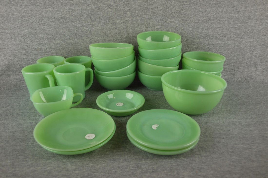 Fire King jadeite restaurant ware lot of 23 pieces -: Fire King jadeite restaurant ware lot of 23 pieces - 4 mugs, 10-5" bowls, 6" mixing bowl, berry bowl, 2-5 1/2" plates, square cup and 2 saucers