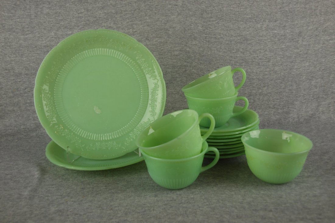 Fire King Anchor Hocking jadeite lot of 16 pieces of: Fire King Anchor Hocking jadeite lot of 16 pieces of Alice (flower band) pieces - 2-9" plate, 5 cups and 9 saucers