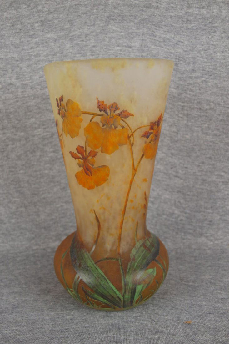 Daum Nancy French cameo art glass vase, bulbous base: Daum Nancy French cameo art glass vase, bulbous base and square top with iris floral and leaf motif, signed, 9 1/2"