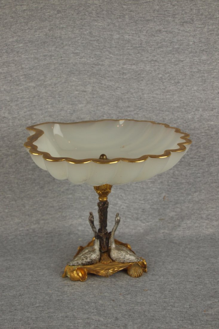 Art glass opaline shell compote with gold rim suppo