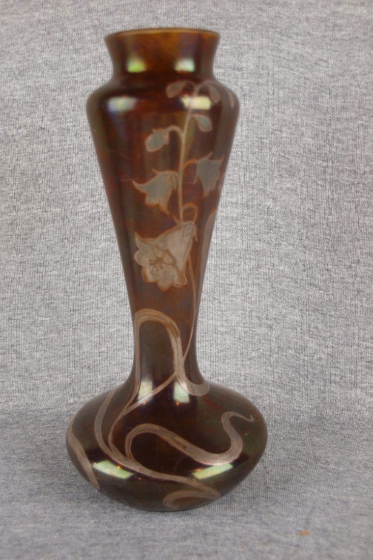 Loetz style art glass vase with floral motif silver : Loetz style art glass vase with floral motif silver overlay, 10 1/2"