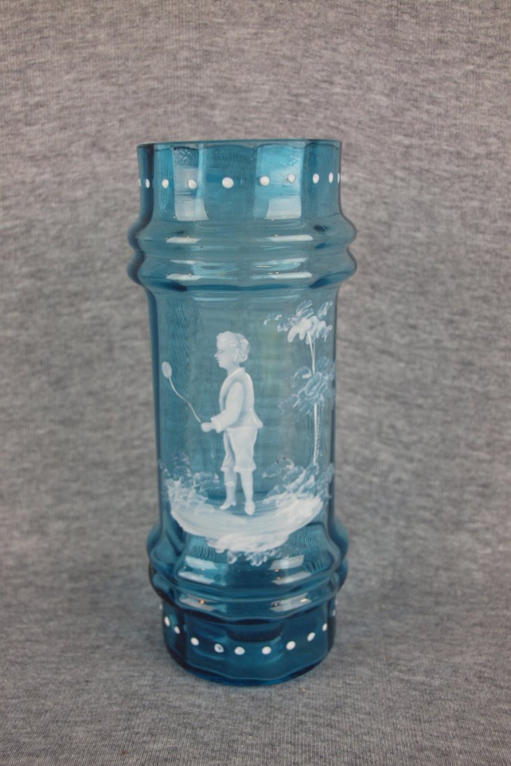 Blue Mary Gregory art glass vase, 7 1/2" 