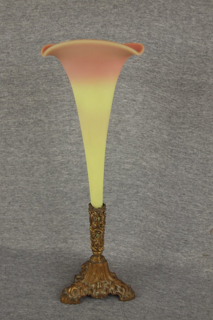 Mt Washington burmese epergne vase with brass base, : Mt Washington burmese epergne vase with brass base, 14"
