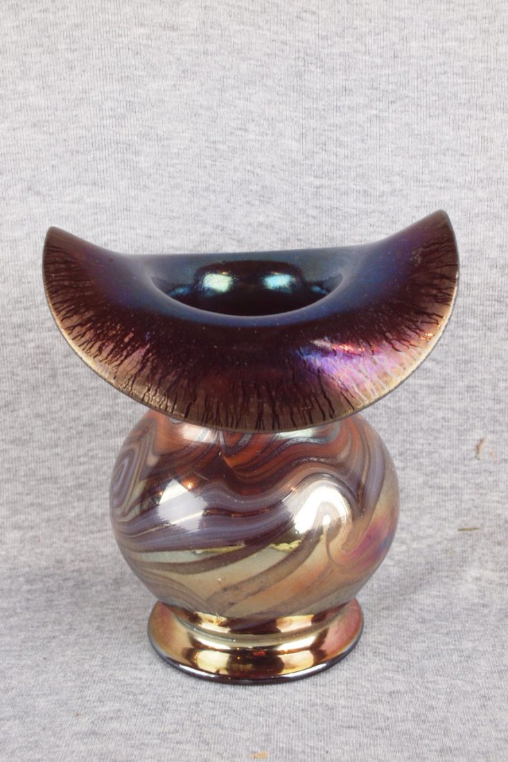Loetz style art glass vasewith turned down top, 7 