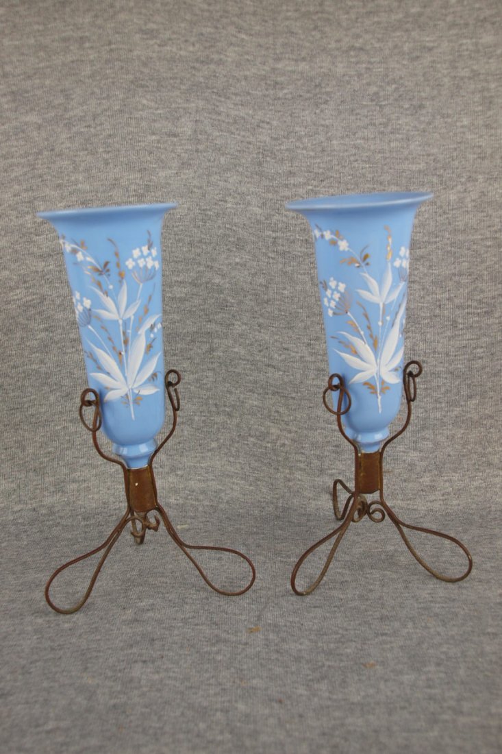 Pair of Bristol glass vases in metal holders, 9" 