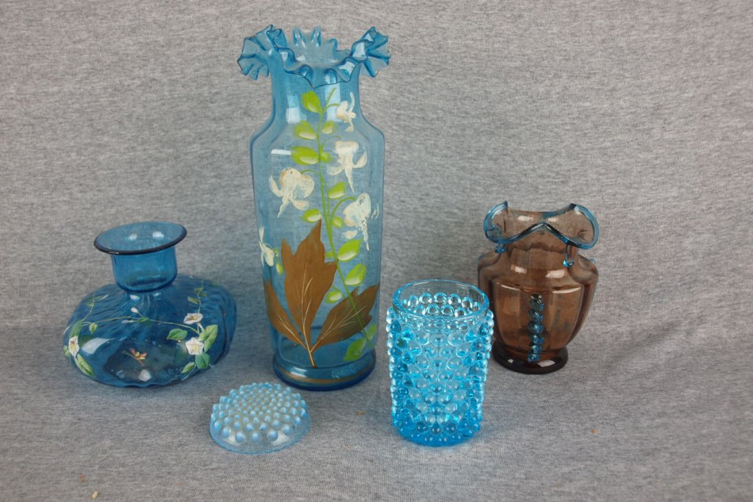 Lot of 5 blue Victorian art glass pieces