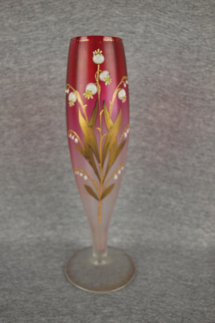 Rubina satin art glass vase with enamel flowers, 9 1