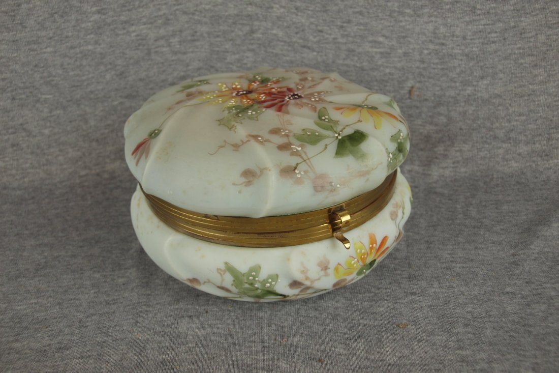Wavecrest round covered box with floral enamel, 7"d 
