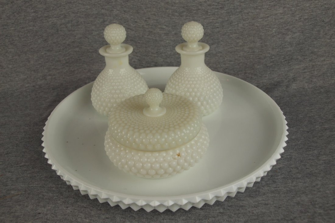 Milk glass three piece dresser set with 2 perfume 