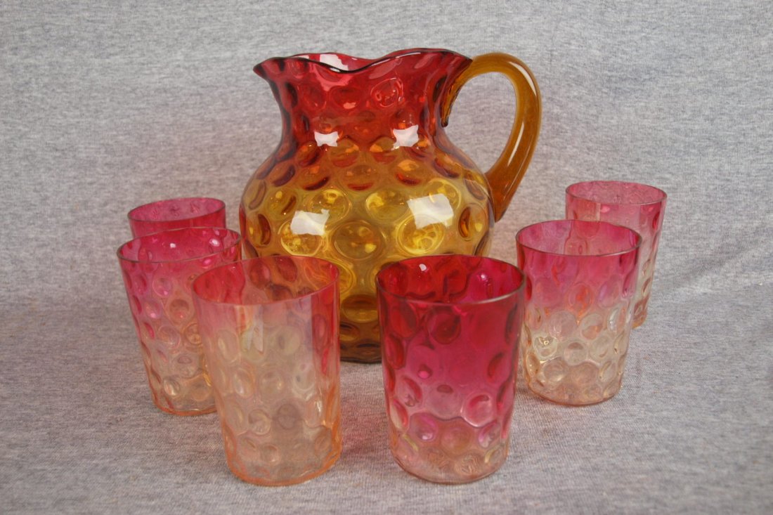 Victorian amberina coin spot 7 piece water set with 