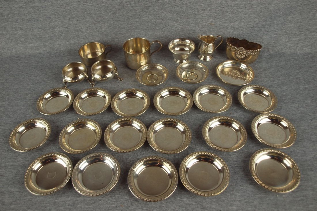 Sterling silver lot of coasters and miniatures, 27 