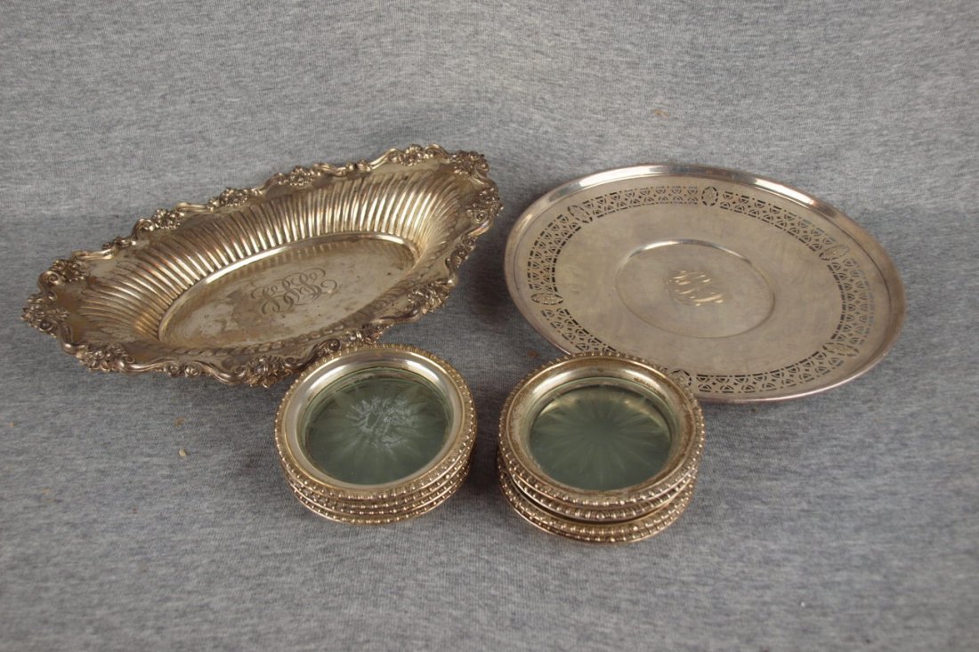 Sterling silver lot of 2 trays and 8 sterling coaster
