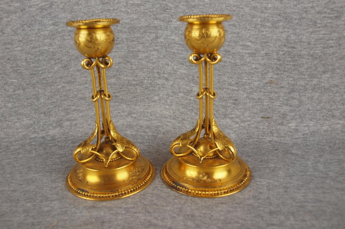 Pair of fancy brass candle holders, 5 1/2" 