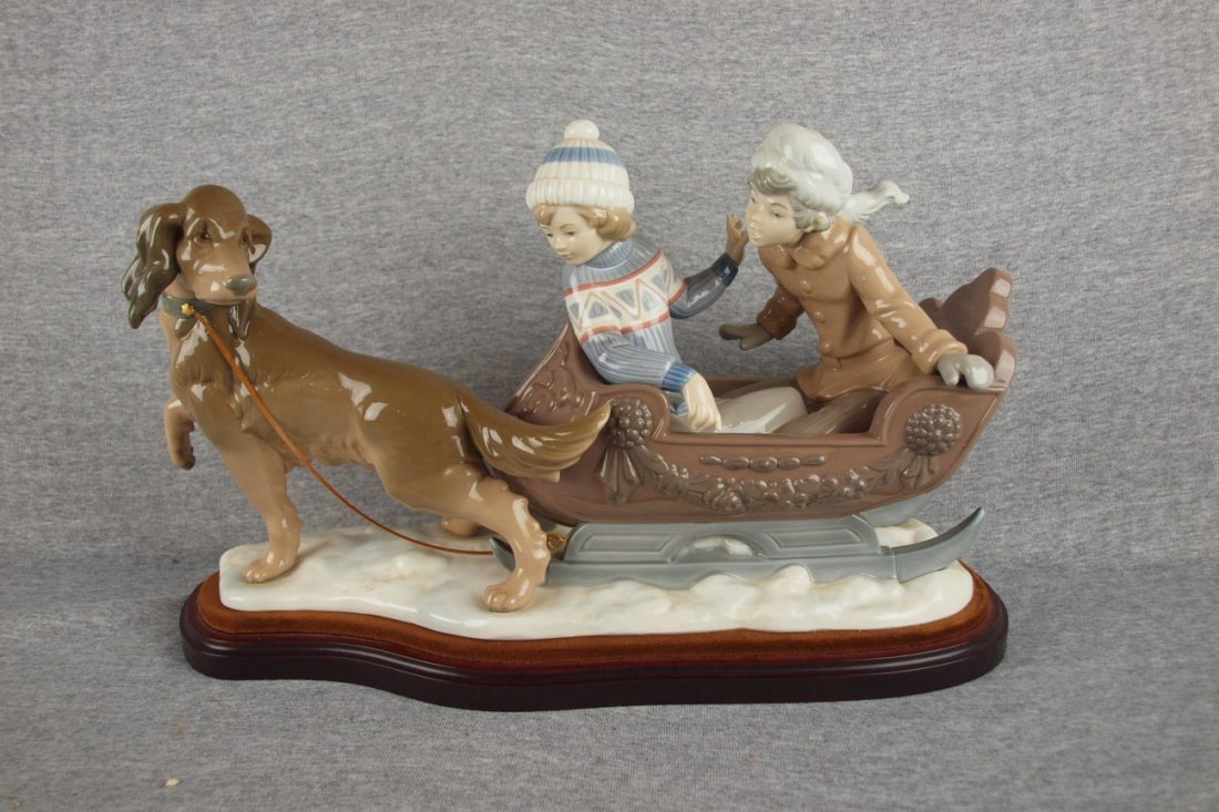 Lladro large figure "Sleigh Ride", children in sleig
