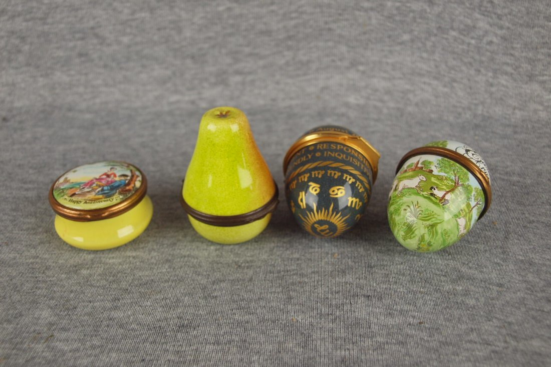 Lot of 4 enamel trinket boxes - Cartier Happy Annive: Lot of 4 enamel trinket boxes - Cartier Happy Anniversary with couple on lid, pear and 2 eggs