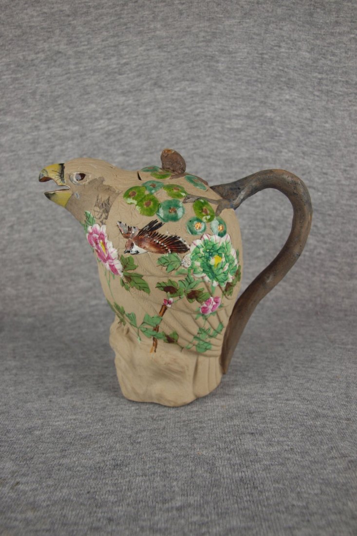 Japanese Banko ware figural teapot of bird with pine